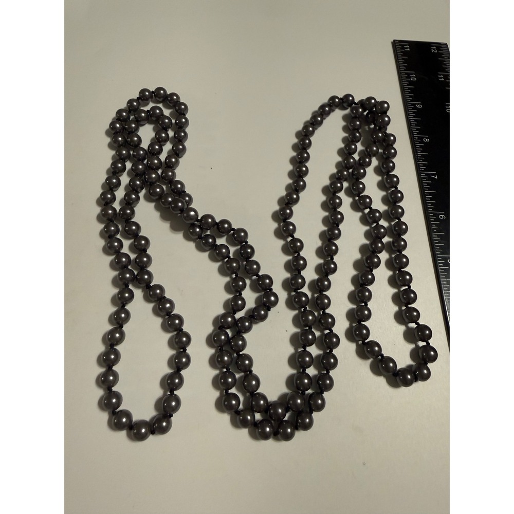 Long Gunmetal Grey Faux Pearl Rope Necklace 60 Inch Hand Knotted‎ Beaded Strand